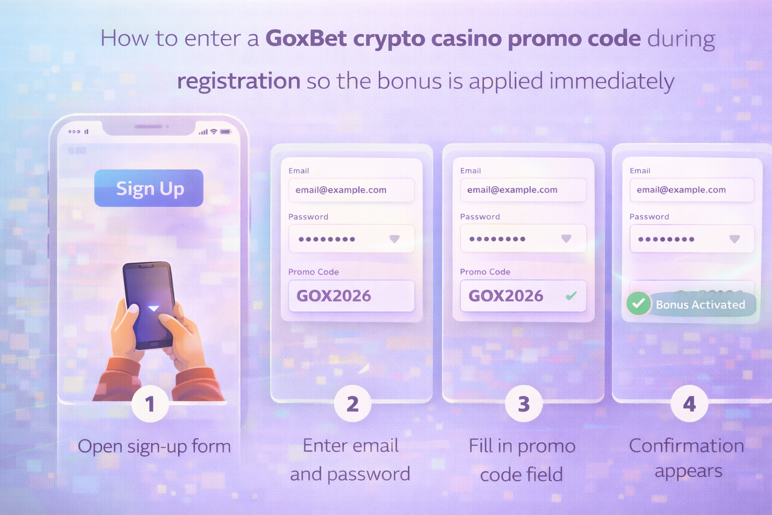 Промокод БК Go x Bet: поле введення коду під час реєстрації та підтвердження активації